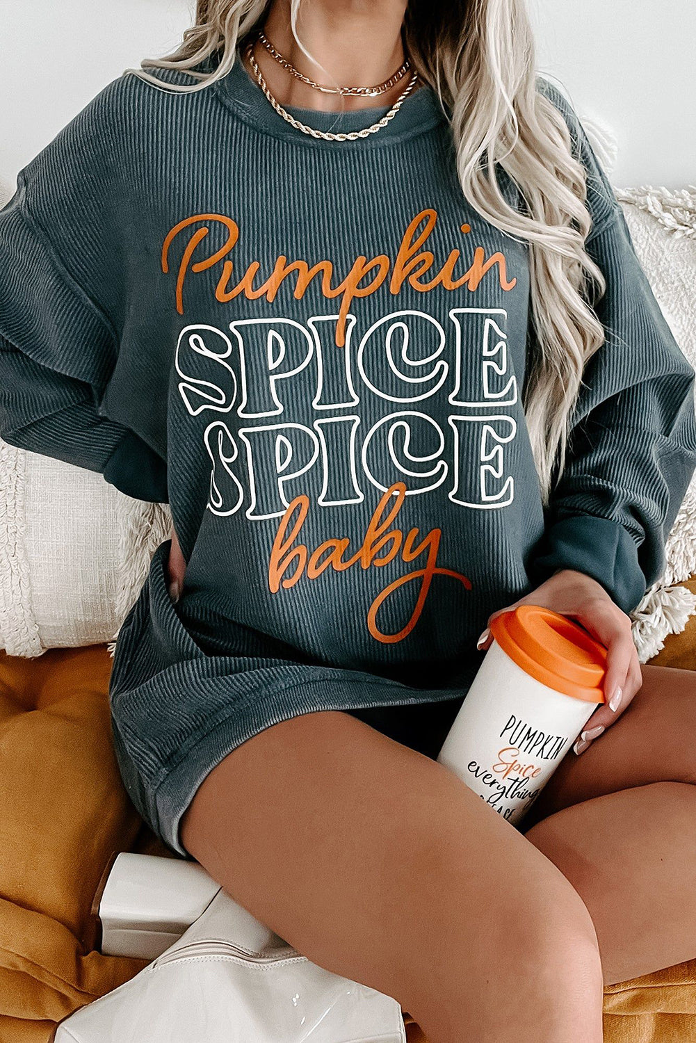 Dark Grey Fall Pumpkin Spice Baby Graphic Textured Sweatshirt