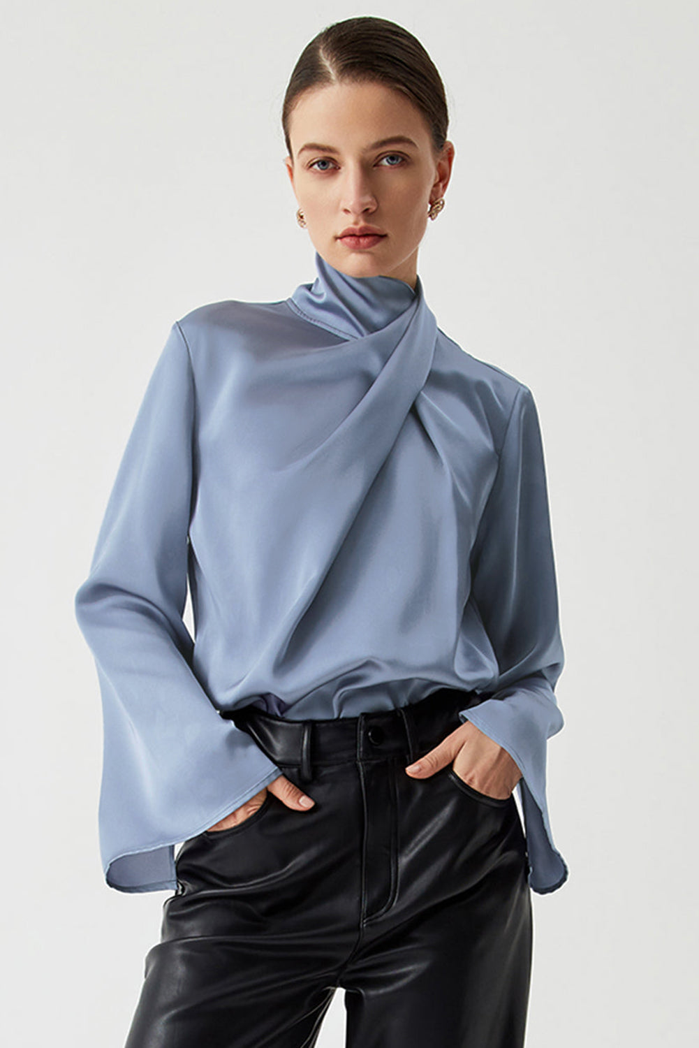 Ivy Asymmetric Turtleneck Elegant Satin Blouse