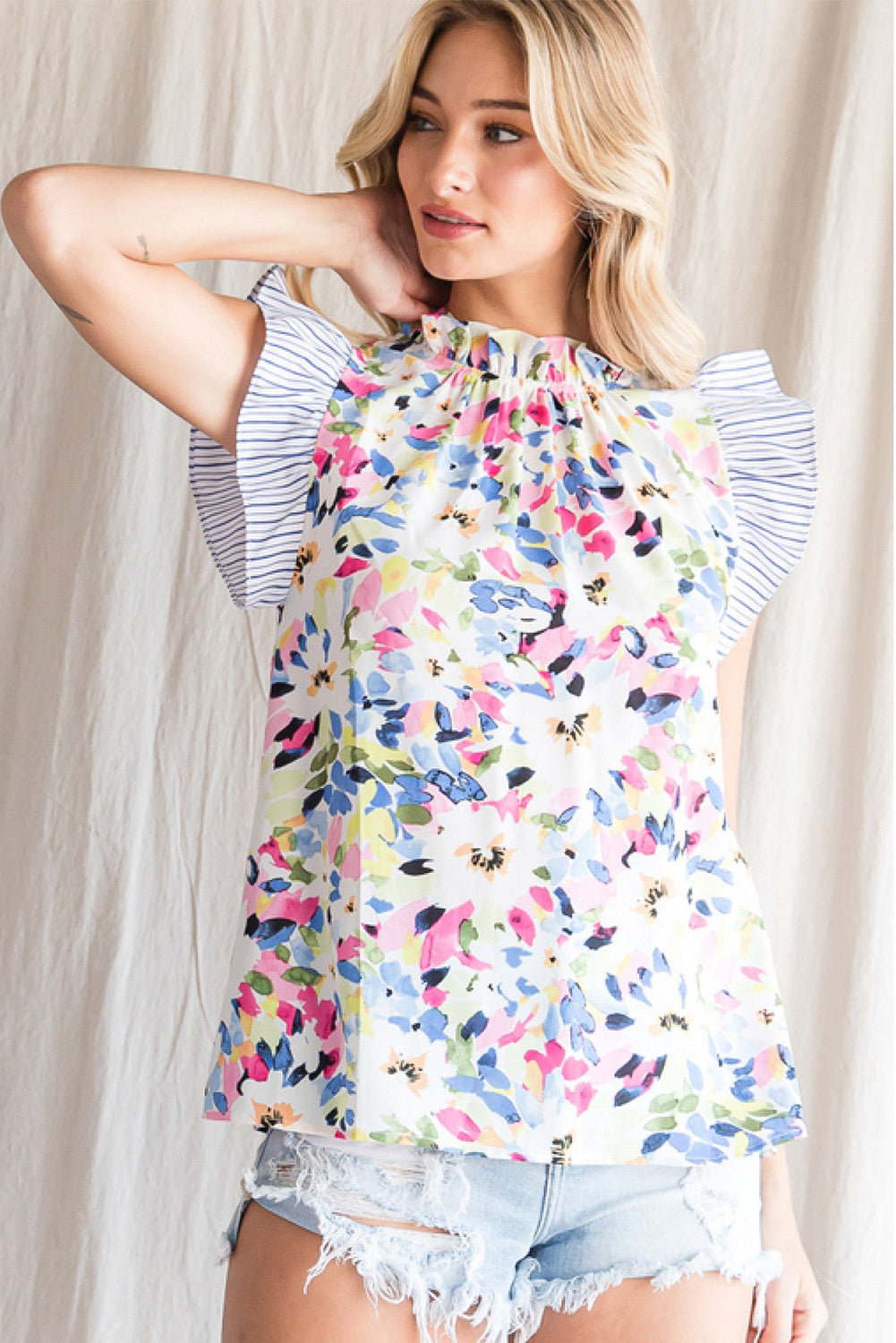 Light Blue Floral Print Frill Neck Striped Ruffle Blouse