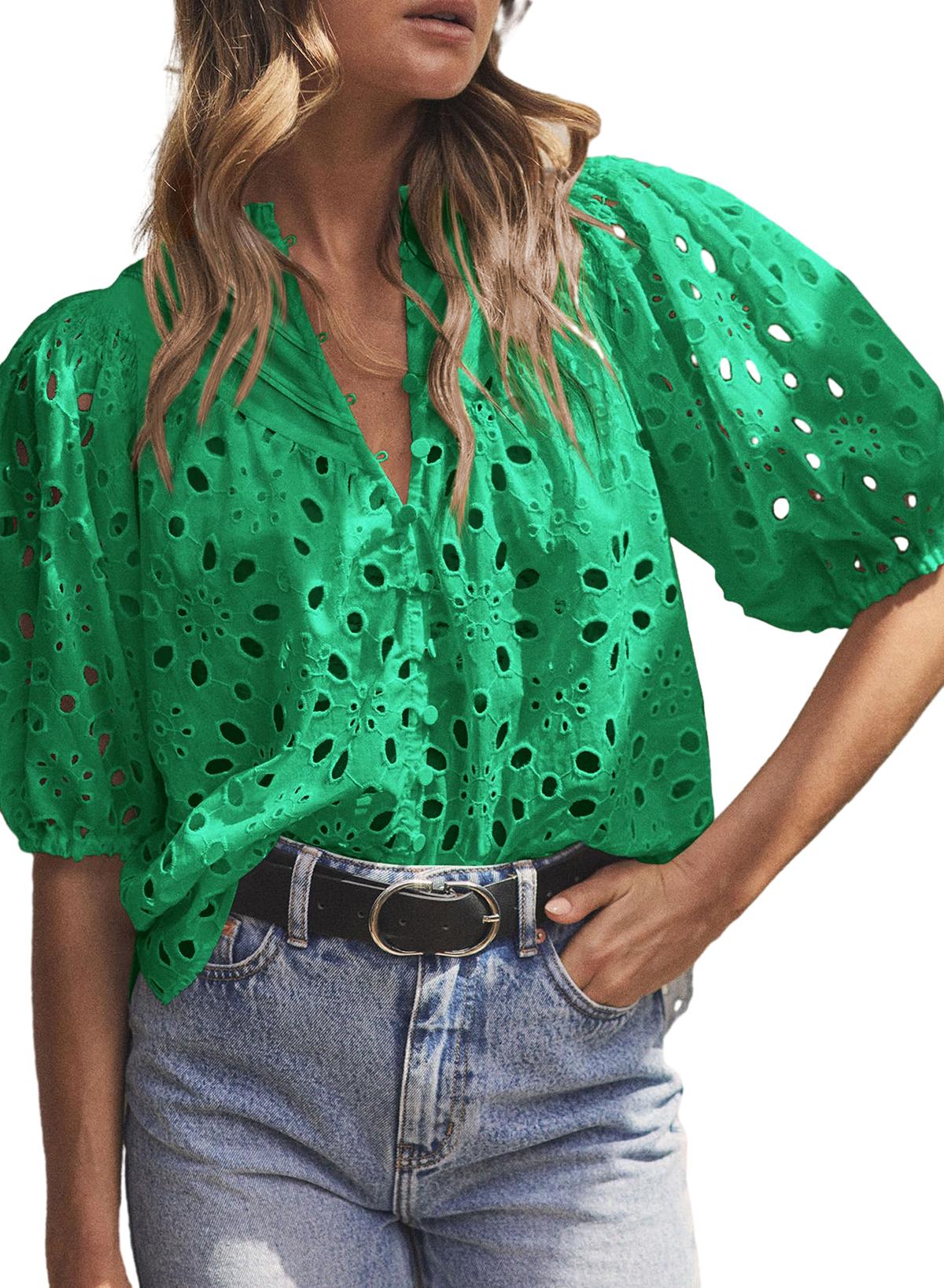 Black Hollow-out Flower Embroidered Short Puff Sleeve Blouse