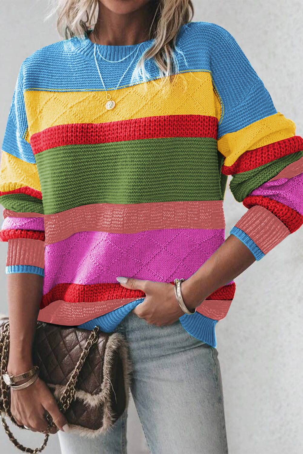 Yellow Colorblock Drop Shoulder Crew Neck Sweater