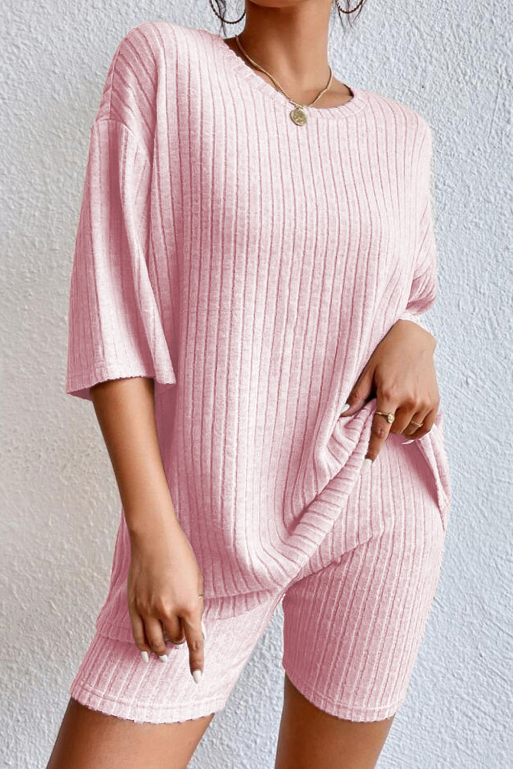 Pink Ribbed Knit Drop Shoulder T Shirt & Shorts Set