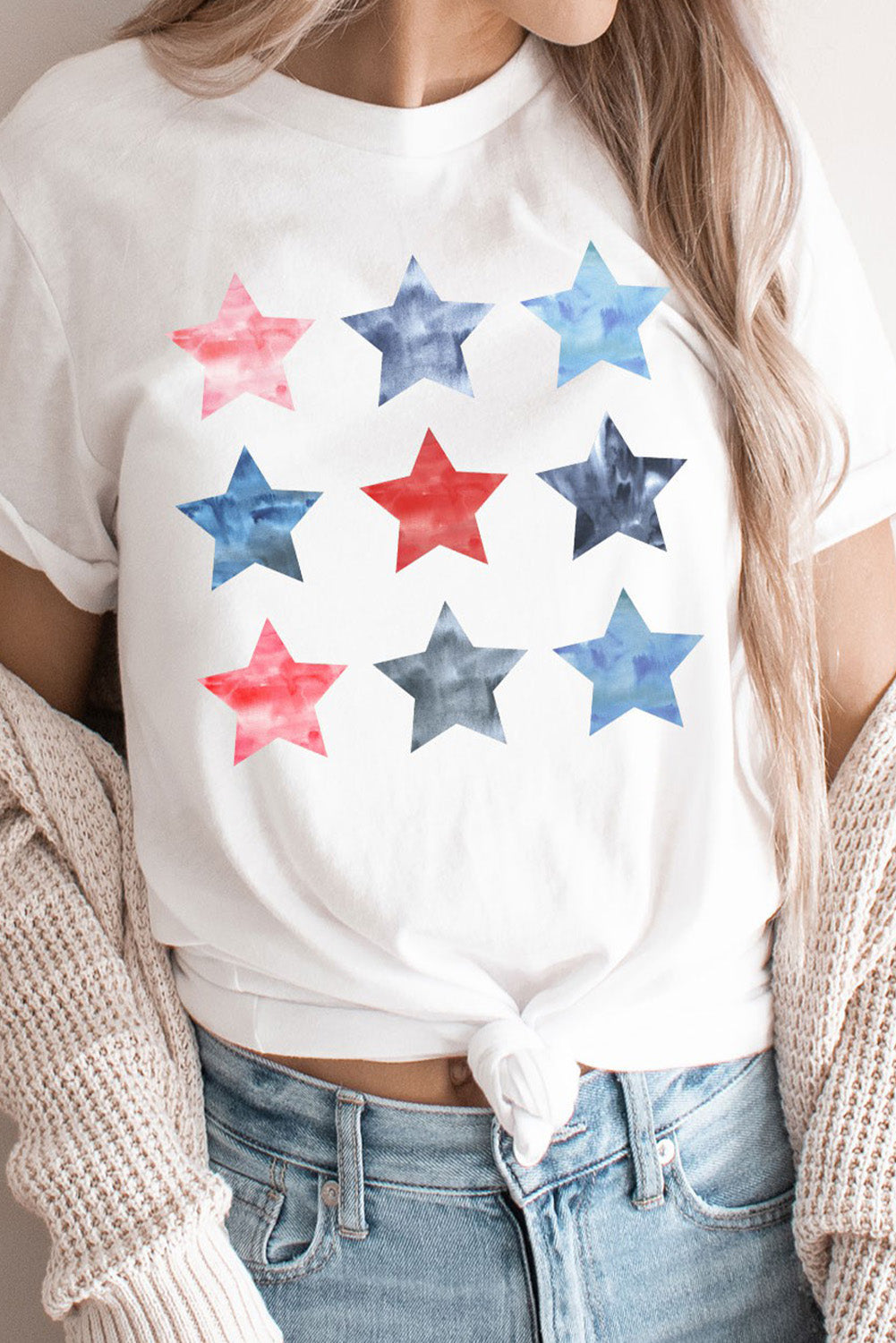 White Stars Graphic Crew Neck Roll Up Sleeve T Shirt