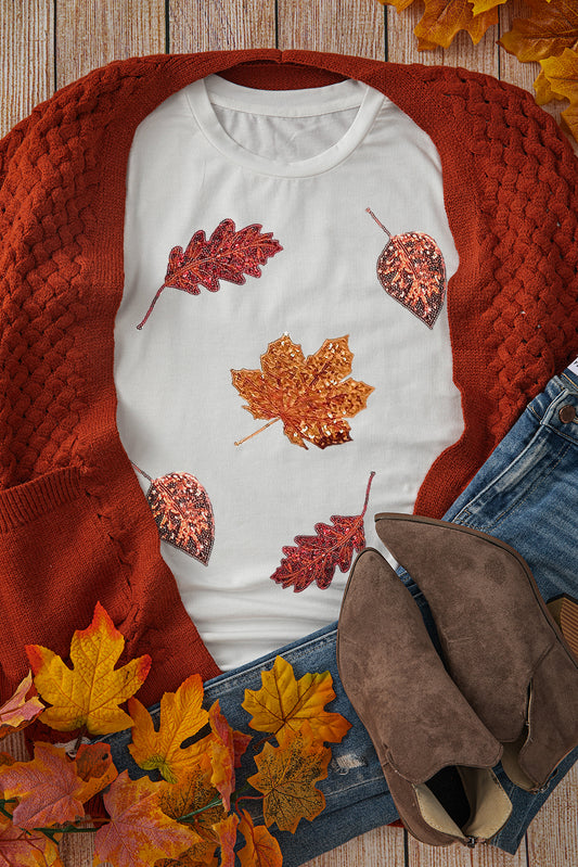 White Halloween Sequined Fall Leaves Graphic Crew Neck T Shirt