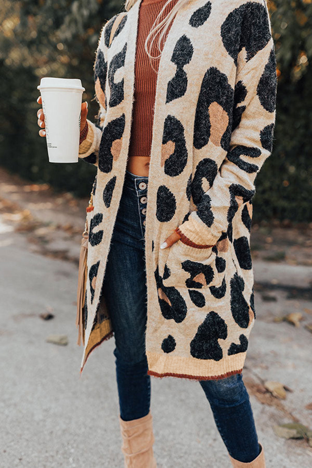 Leopard Print Open Front Pockets Midi Cardigan