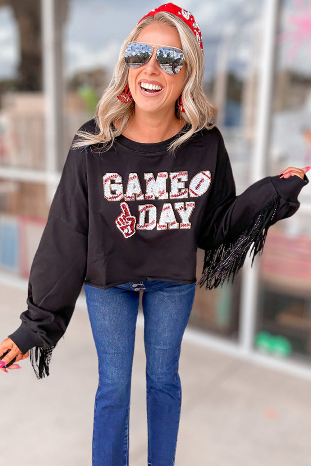 Black GAME DAY Football Sequin Tassel Cropped Sweatshirt