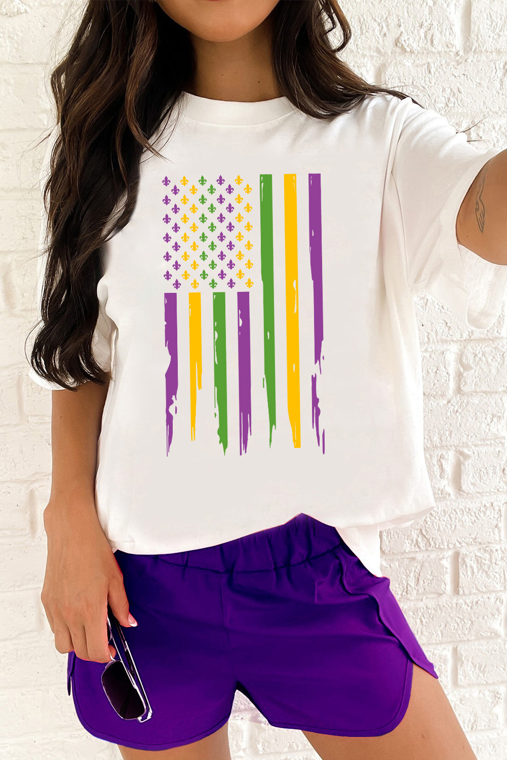 White Mardi Gras USA Flag Print Graphic Crewneck Tee