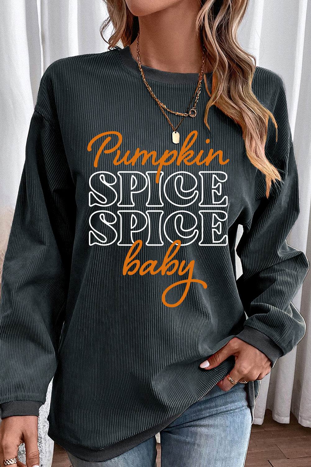 Dark Grey Fall Pumpkin Spice Baby Graphic Textured Sweatshirt