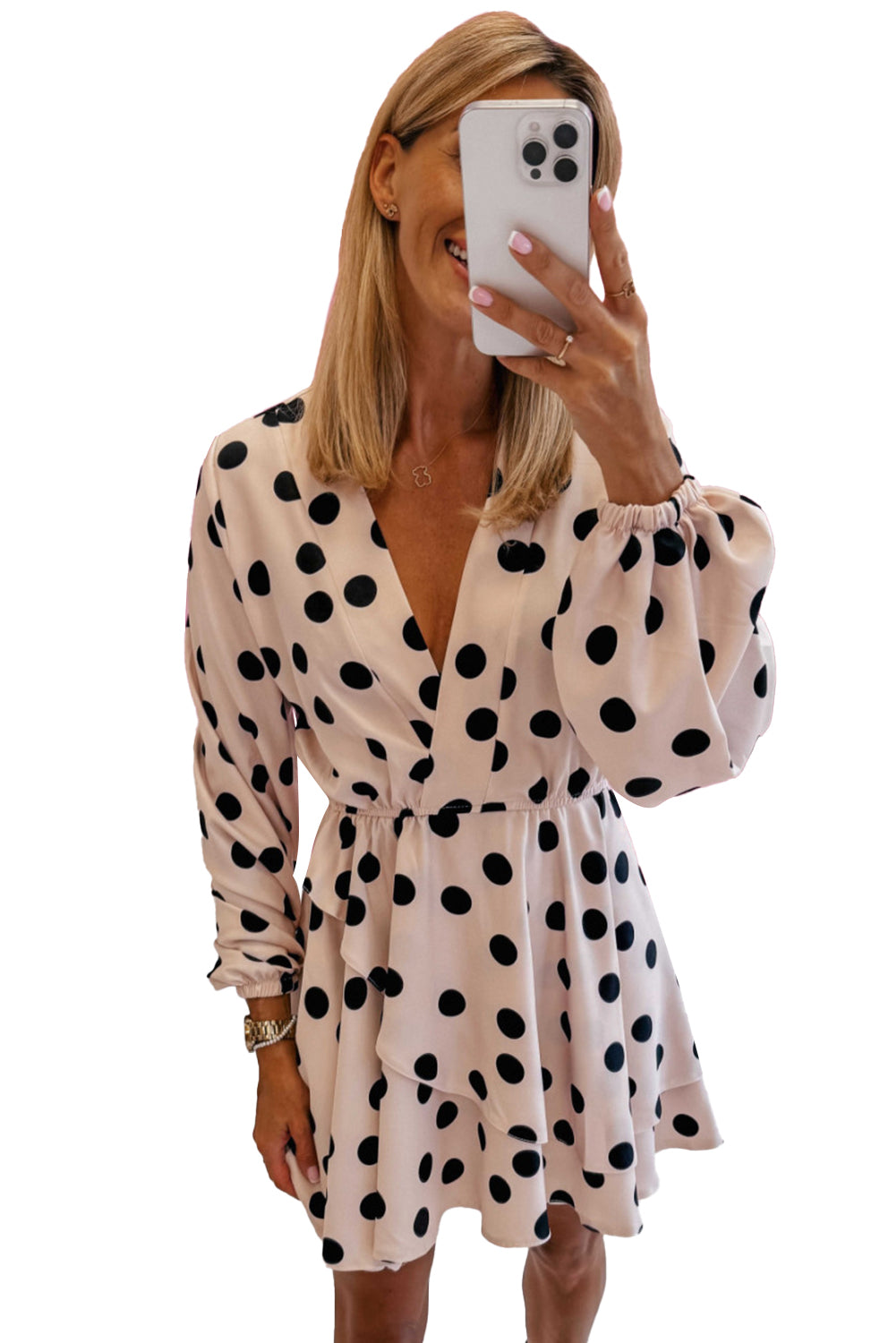 Beige Polka Dot Print Surplice V Neck Puff Sleeve Mini Dress