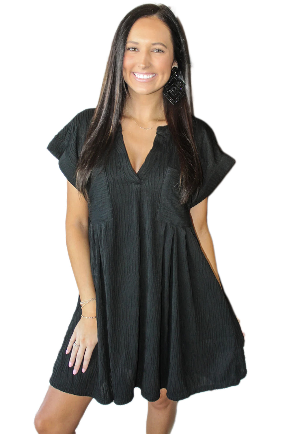 Black Crinkled Short Sleeve V Neck Flowy Dress