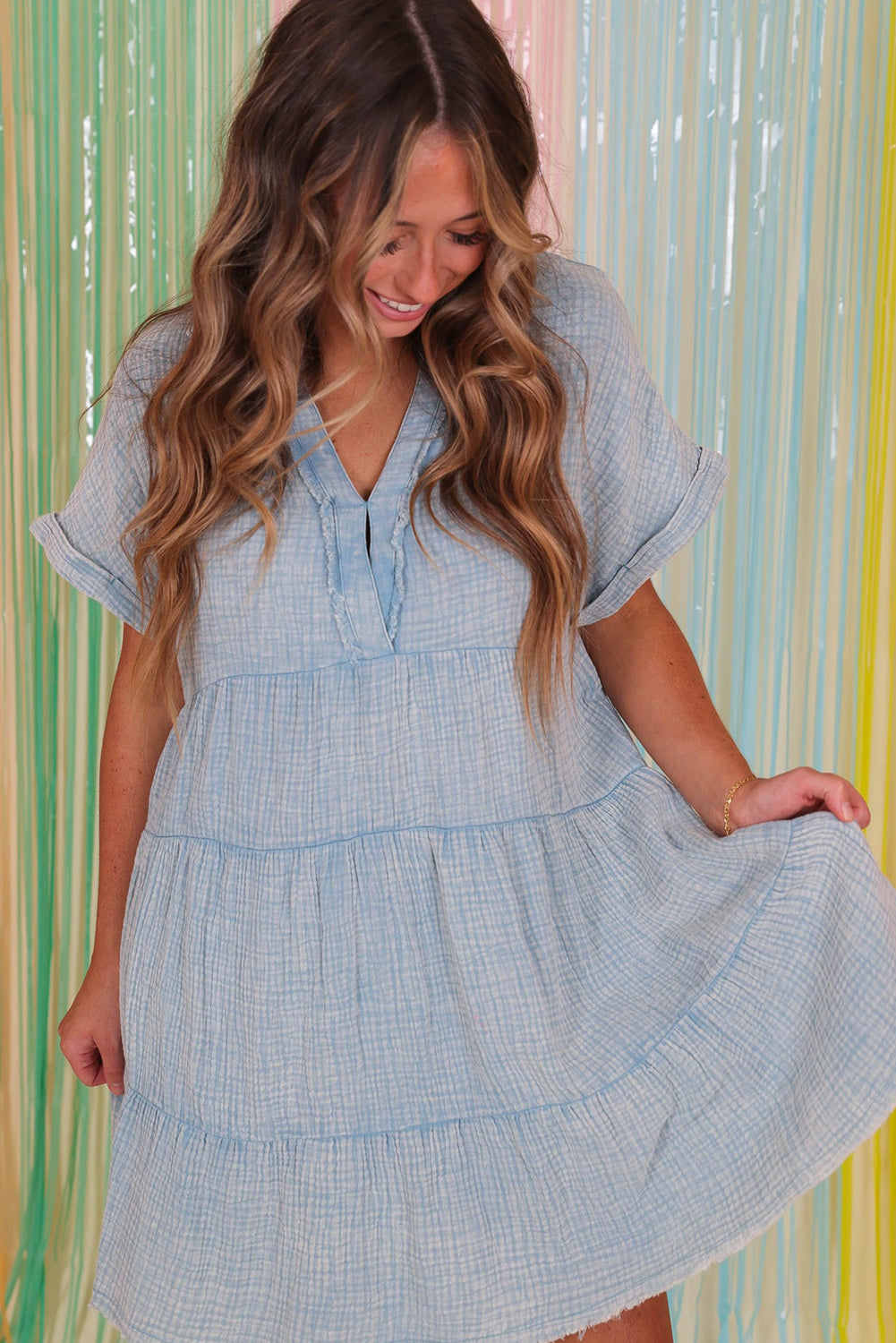 Beau Blue Mineral Wash Crinkle Split Neck Raw Hem Tiered Dress