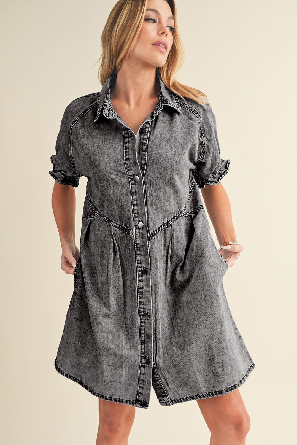 Medium Grey Mineral Washed Ruffled Short Sleeve Pocketed Denim Dress