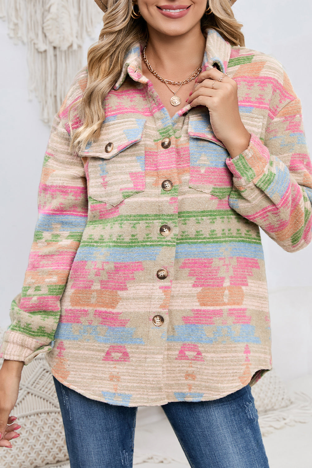 Multicolor Southwest Button Up Flap Pockets Geometric Jacket for Women