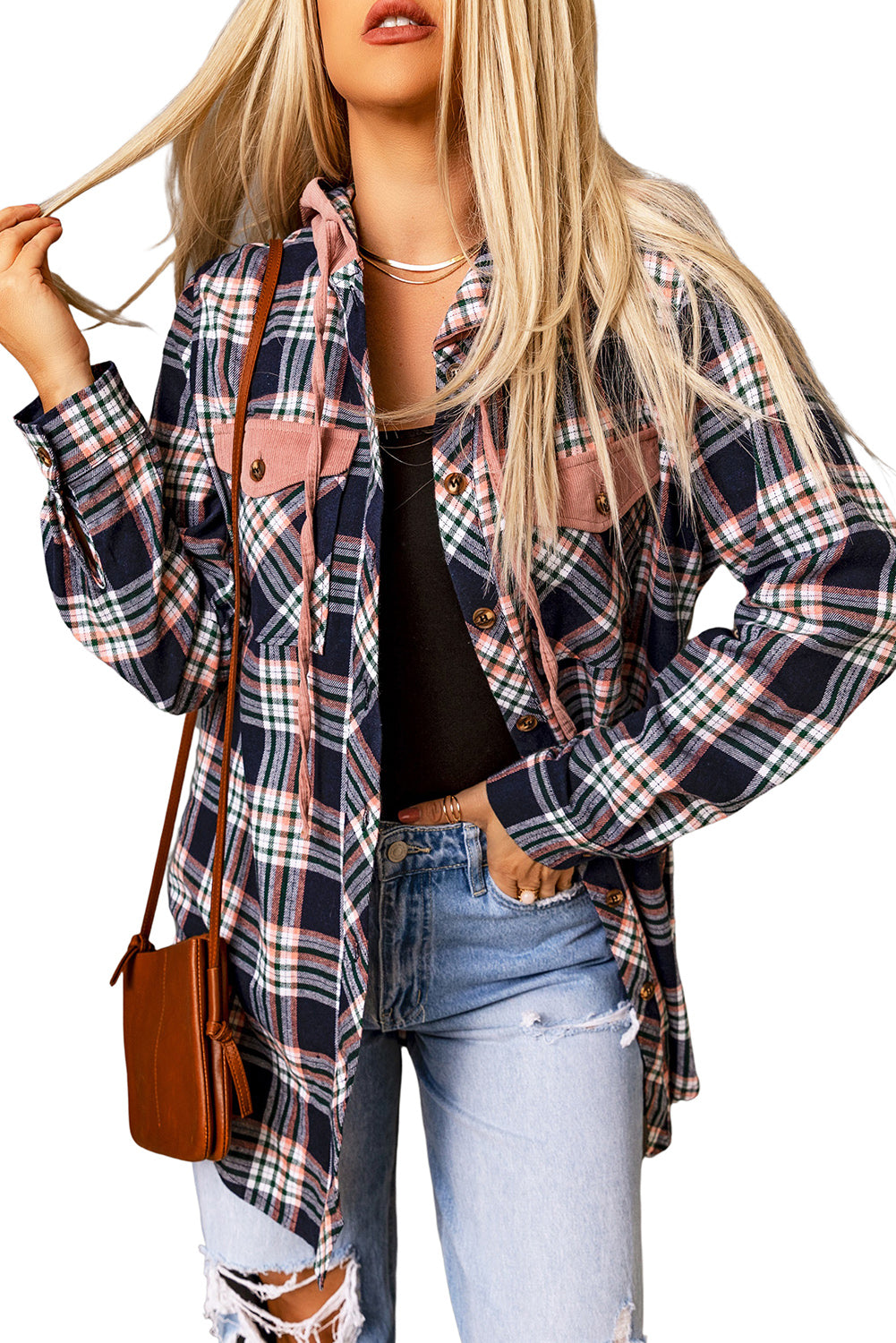 Pink Plaid Contrast Hooded Drawstring Shacket