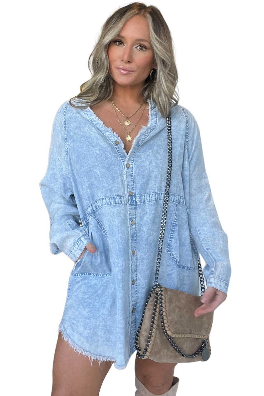 Beau Blue Acid Washed Distressed Edge Denim Mini Dress