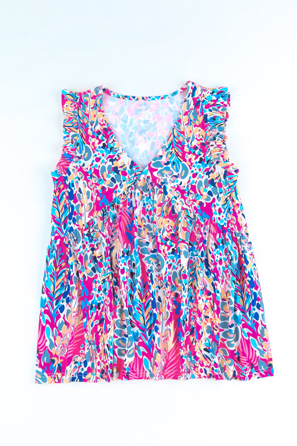 Multicolor Abstract Print Boho Flounce Hem Sleeveless Shirt