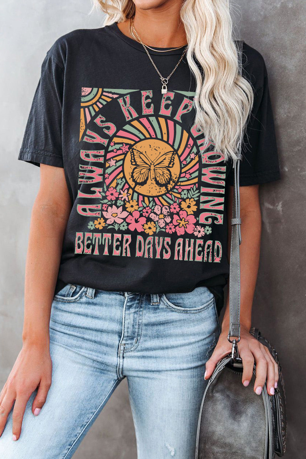 Black Always Keep Growing Butterfly Flower Graphic Tee