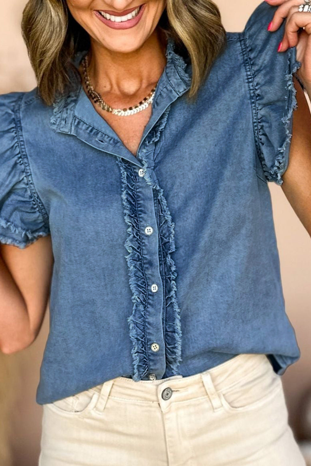 Black Button Front Ruffled Flutter Frayed Denim Top