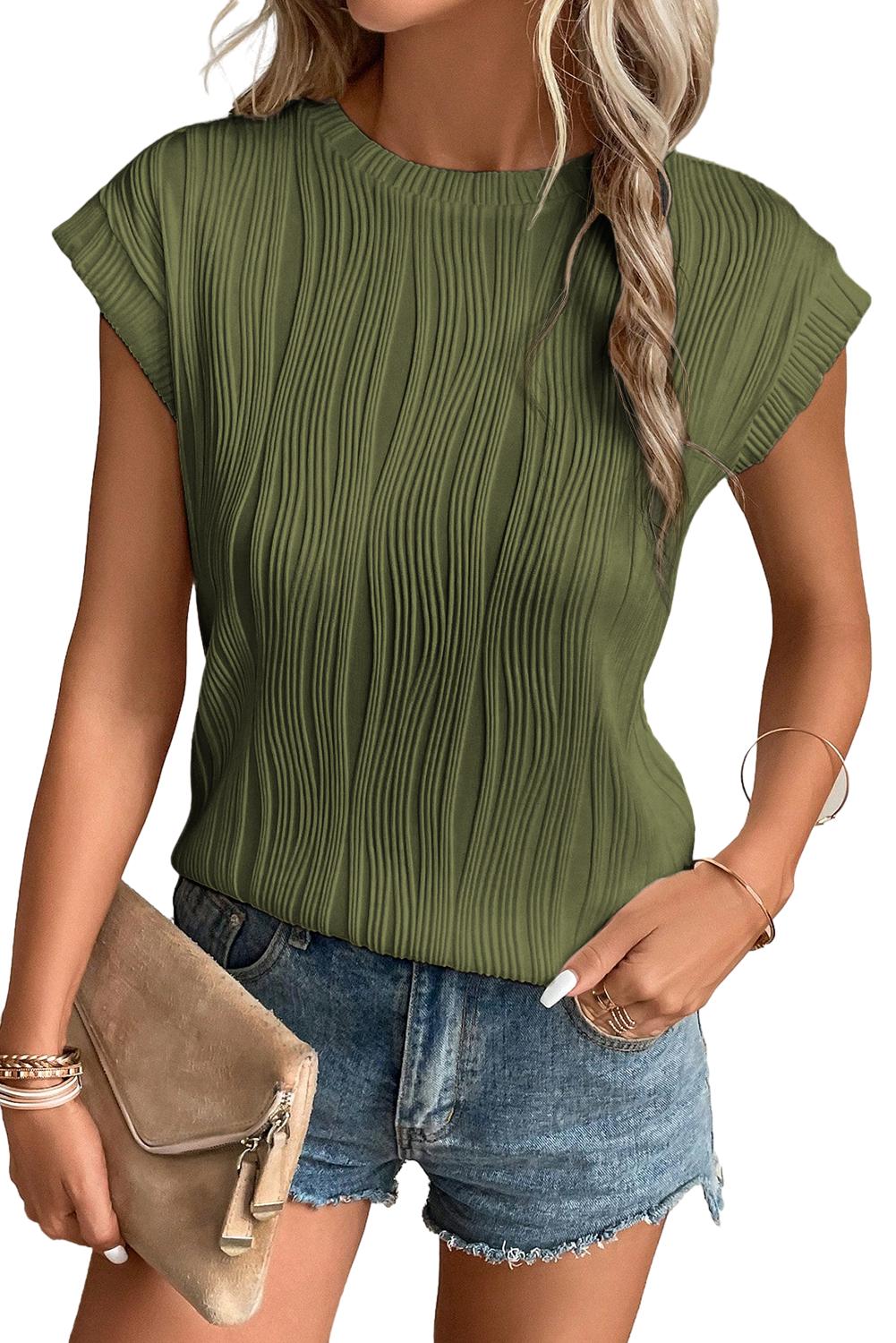 Black Solid Color Wavy Textured Cap Sleeve Top