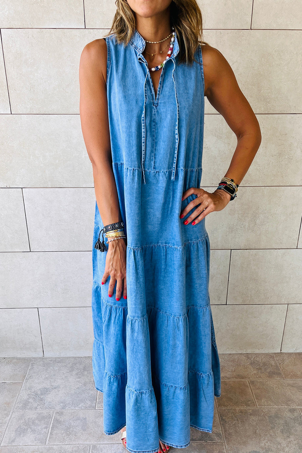 Denim Sleeveless Tiered Chambray Maxi Dress