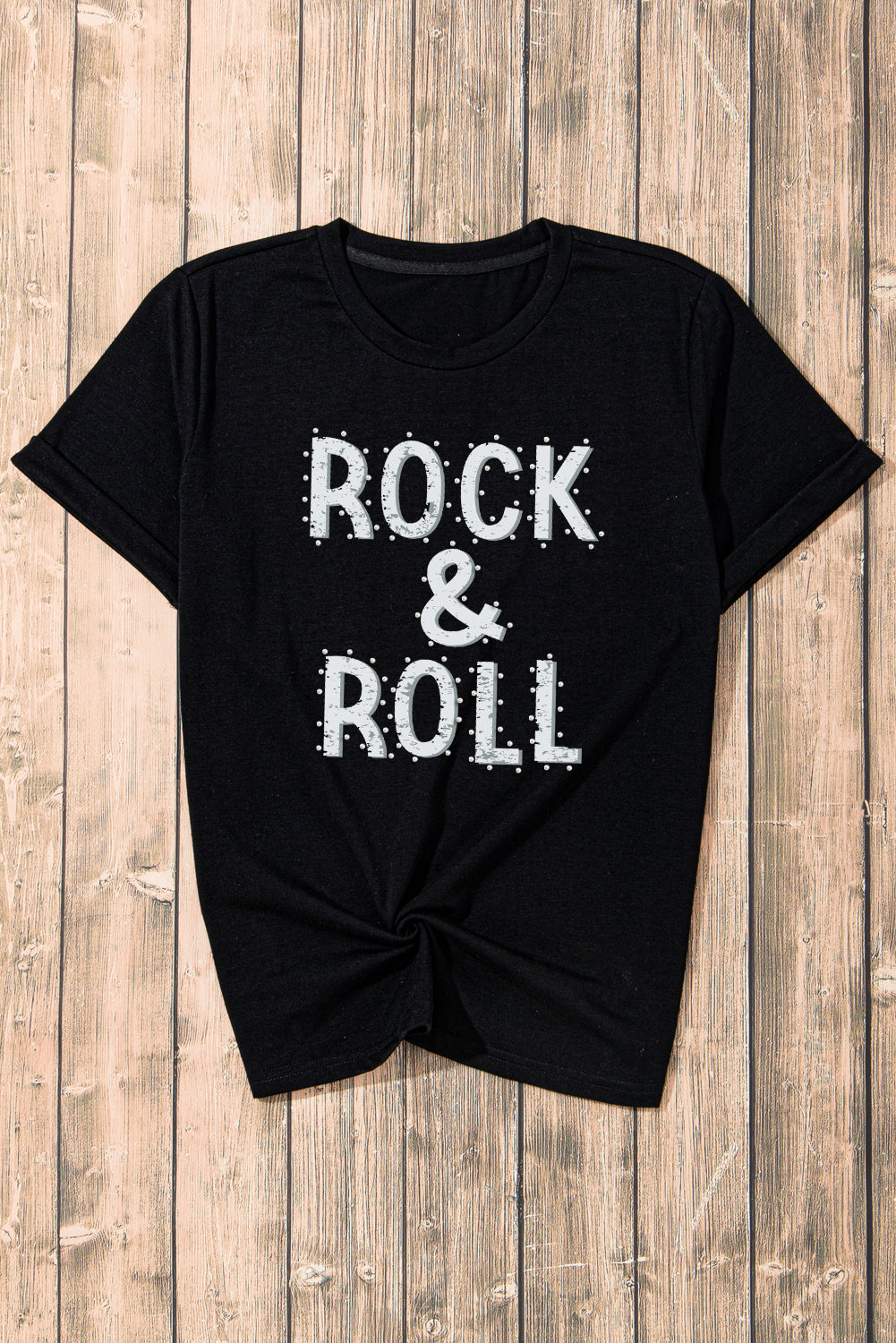 Black ROCK & ROLL Beaded Crew Neck Graphic Tee