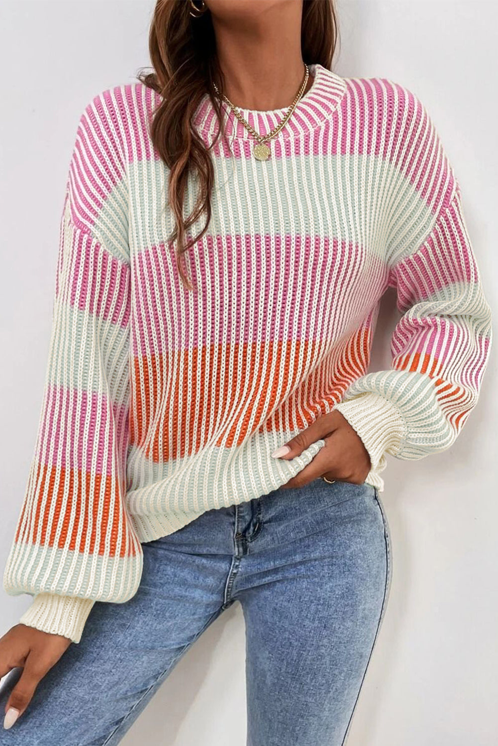 Brown Colorblock Lantern Sleeve Rib Knitted Sweater