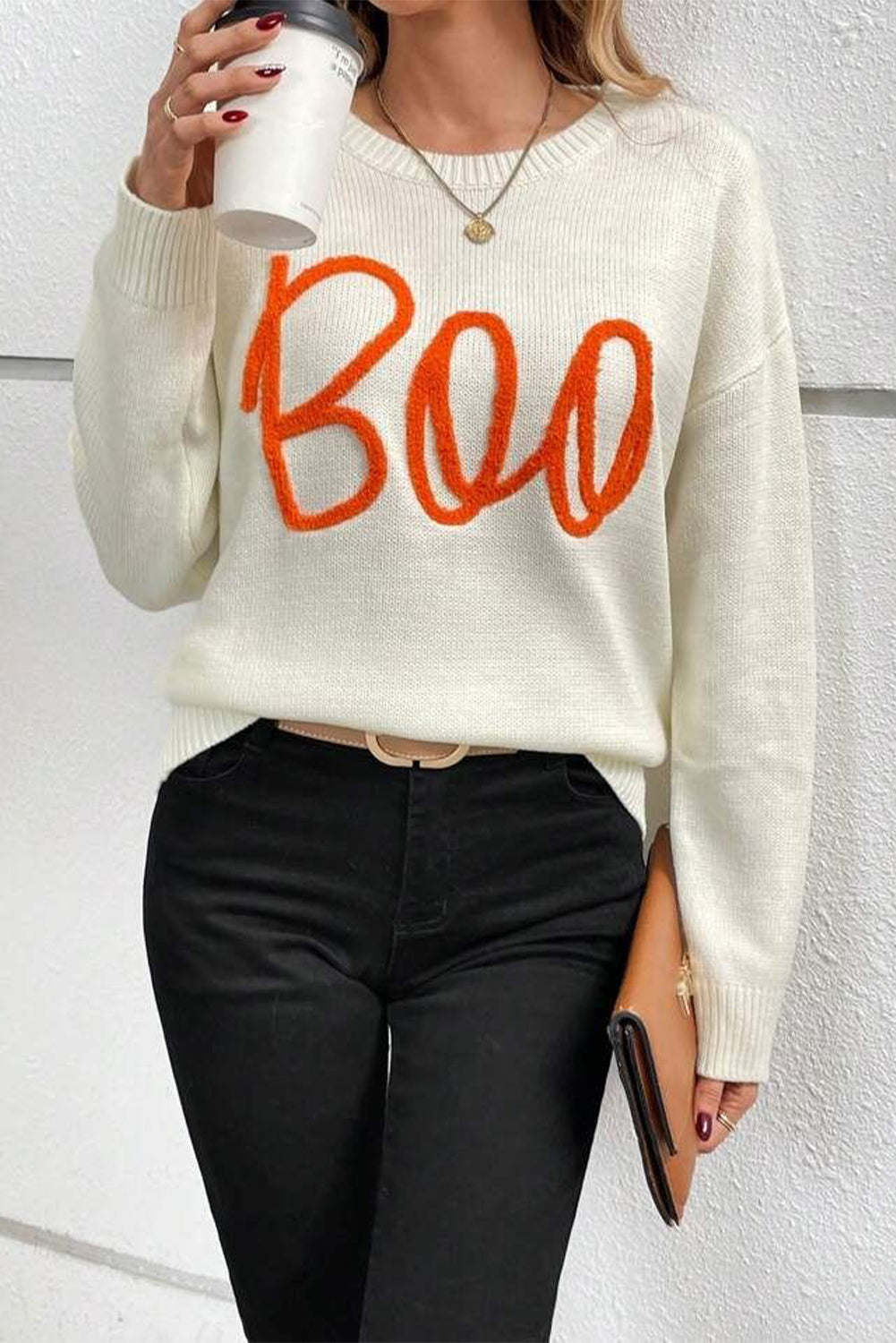 Halloween Boo Drop Shoulder Knit Sweater