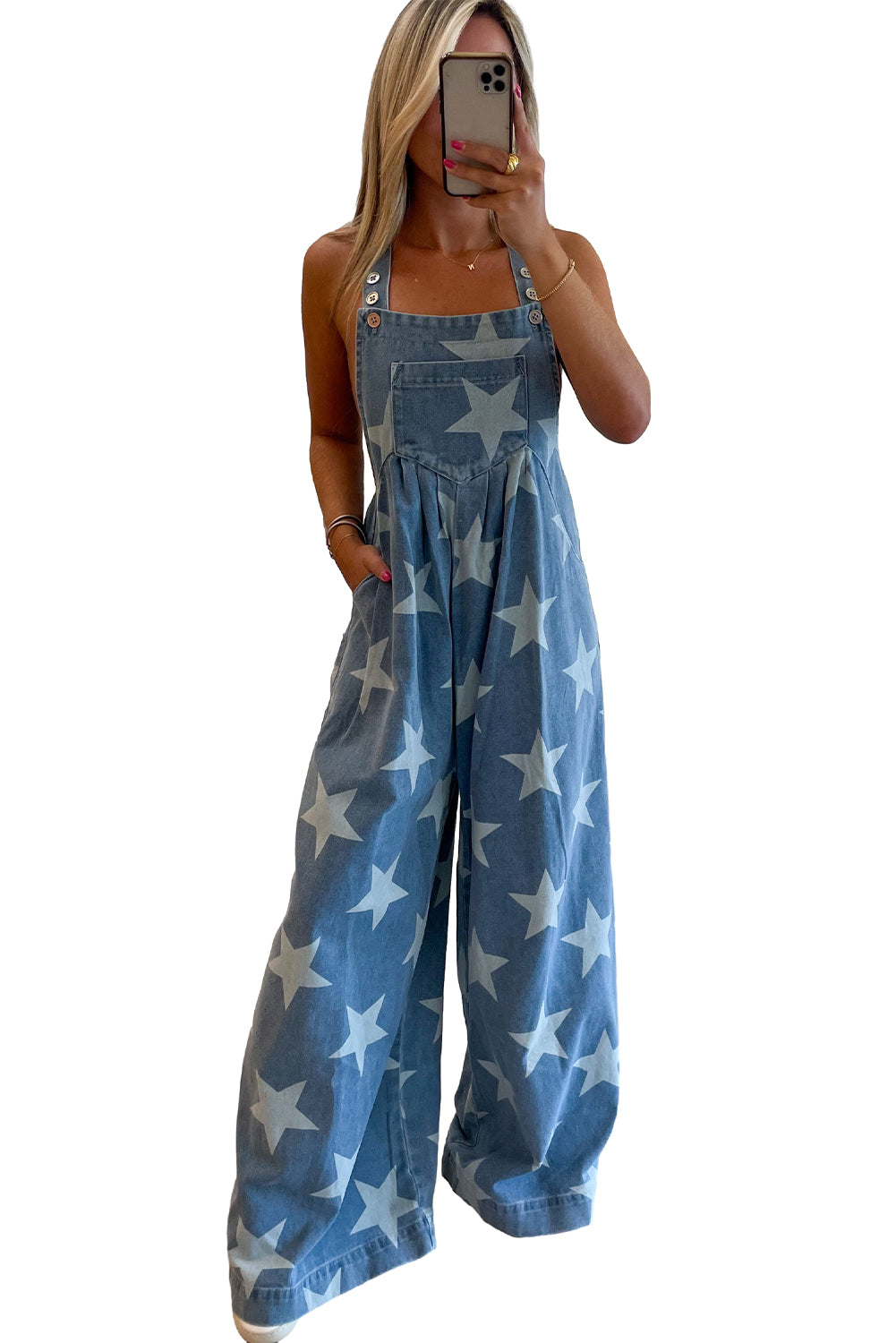 White Star Print Button Strap Pleated Wide Leg Denim Overall