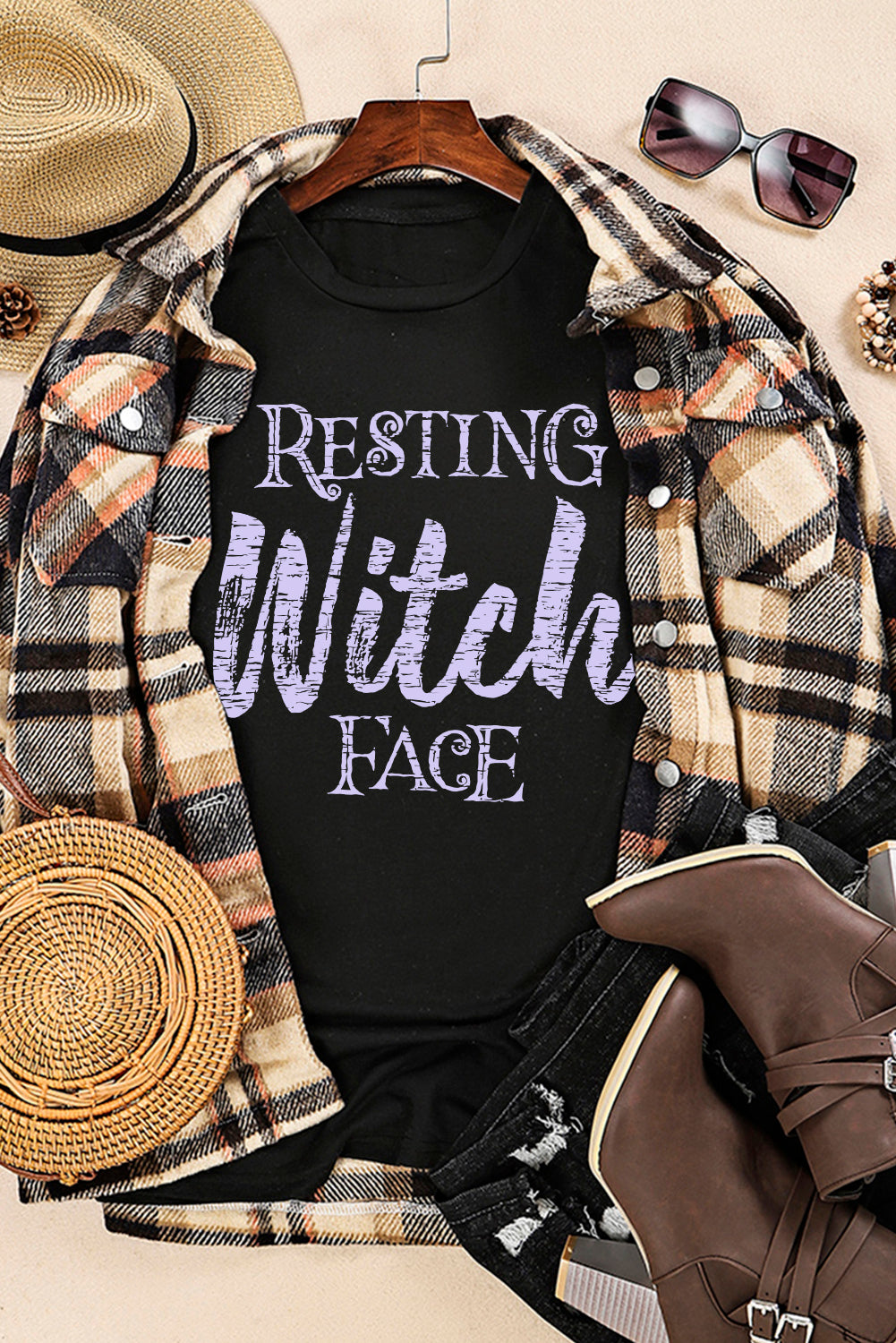 Black Resting Witch Face Casual Letter Print Graphic Tee