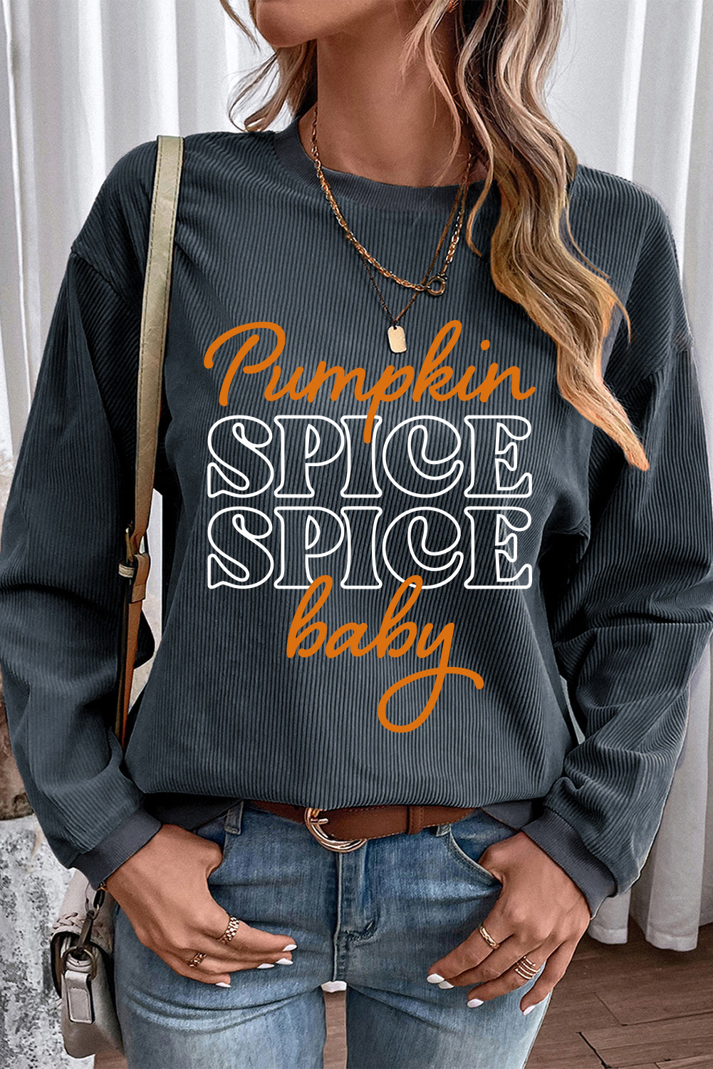 Dark Grey Fall Pumpkin Spice Baby Graphic Textured Sweatshirt