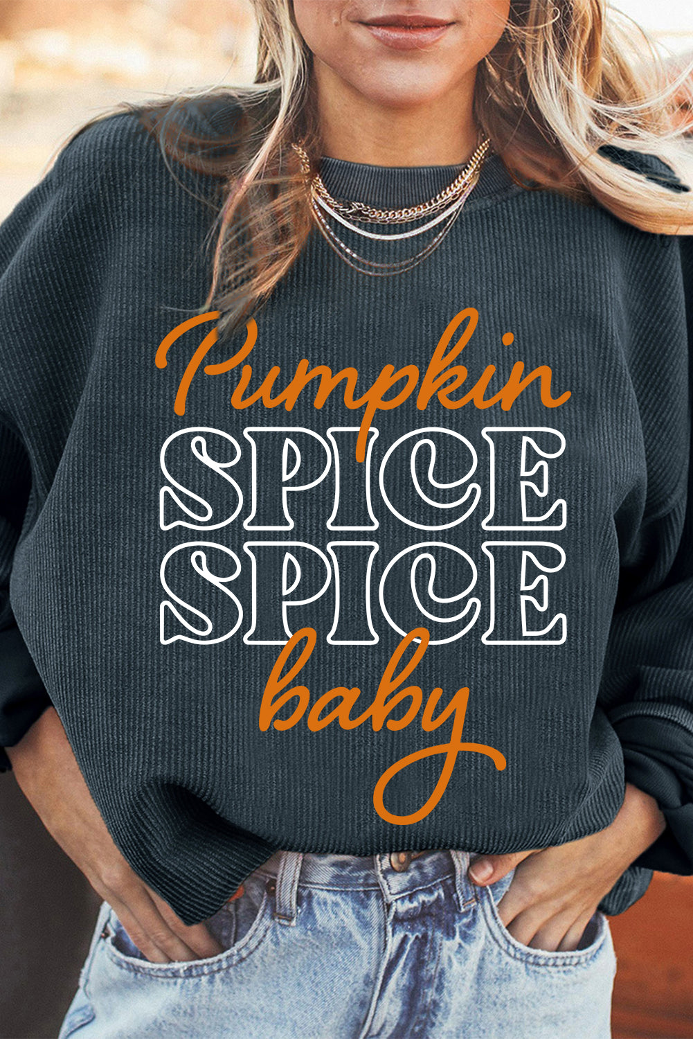 Dark Grey Fall Pumpkin Spice Baby Graphic Textured Sweatshirt