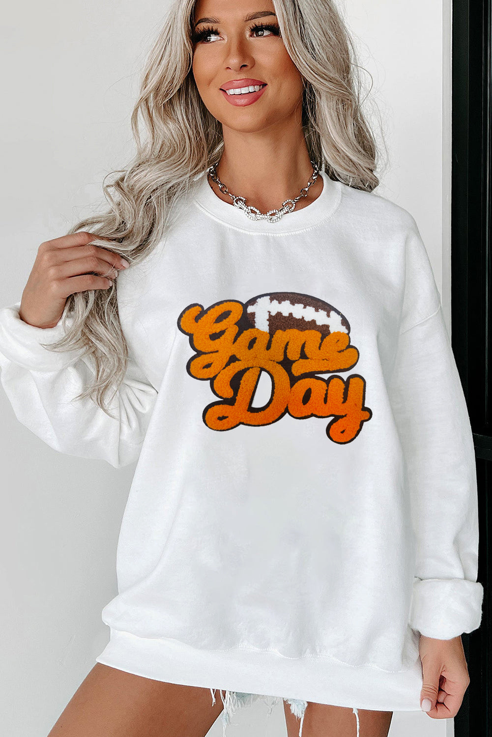 White Chenille Game Day Football Pattern Pullover Sweatshirt