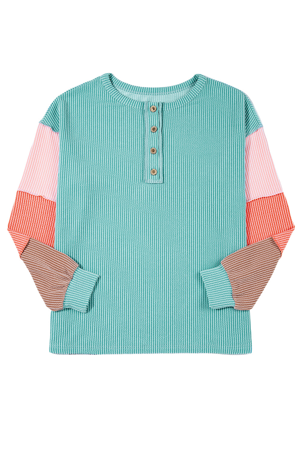 Multicolour Twisted Ribbed Colorblock Patchwork Henley Top