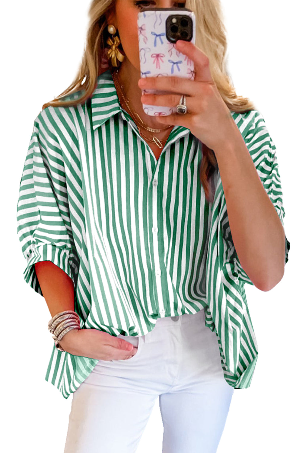 Pink Stripe Button Up Dolman Shirt