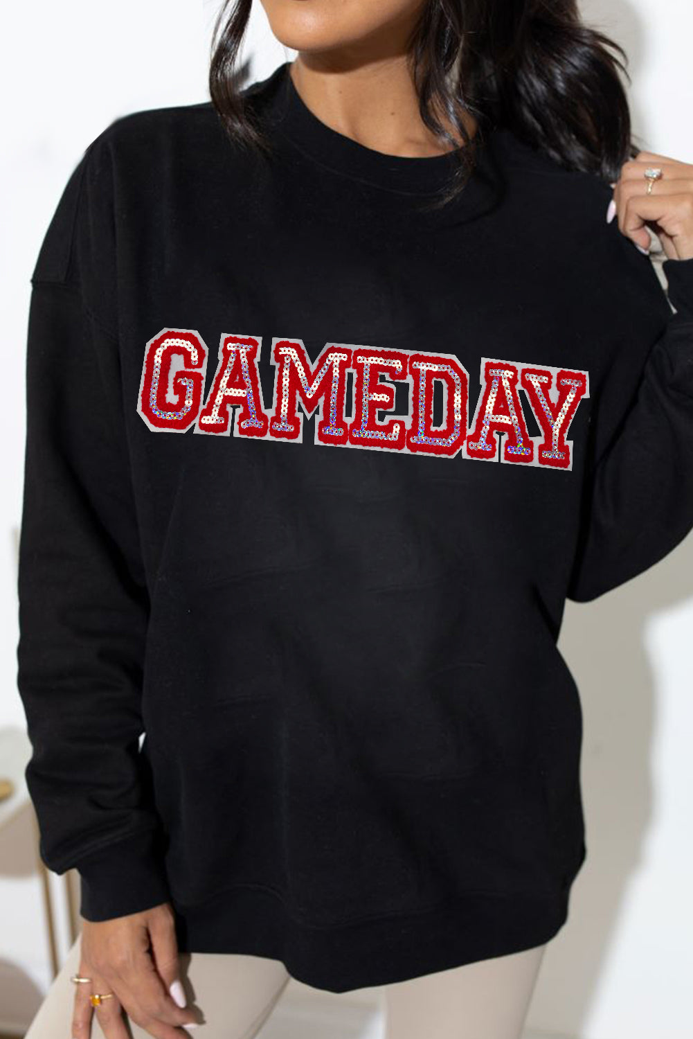 Black GAME DAY Sequined Patched Crew Neck Pullover Sweatshirt