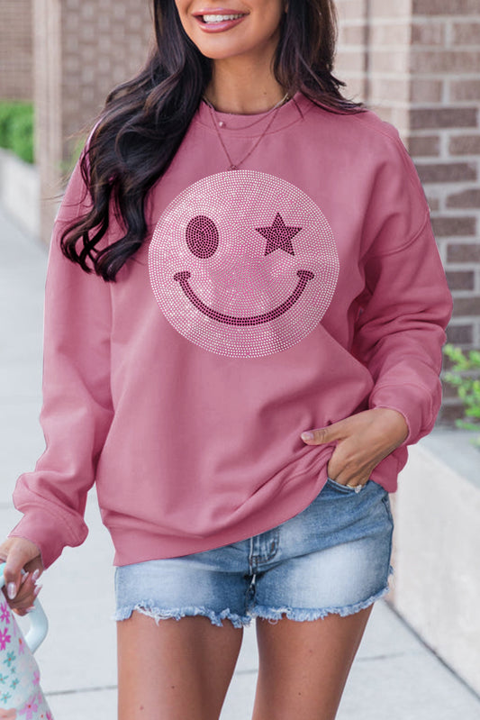 Valerian Rhinestoned Smile Graphic Crew Neck Sweatshirt