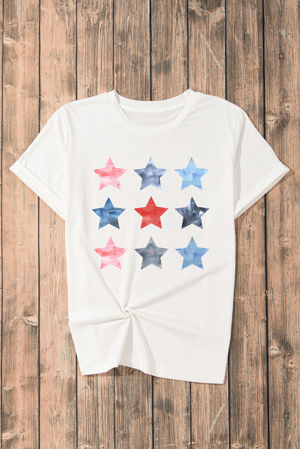 White Stars Graphic Crew Neck Roll Up Sleeve T Shirt