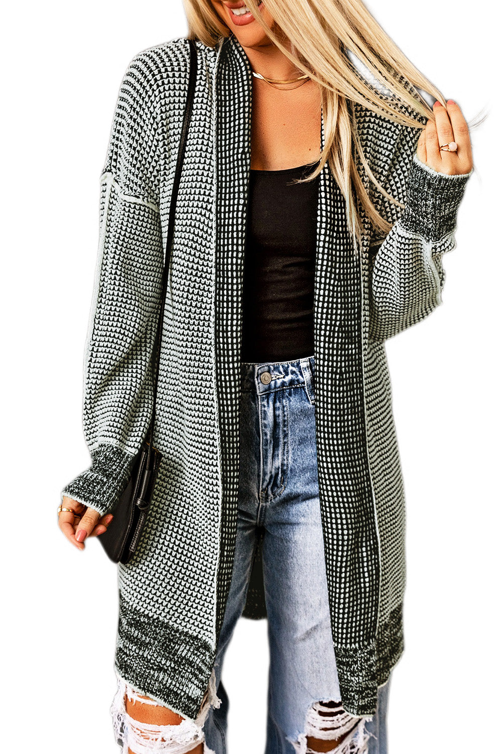 Plaid Contrast Trim Casual Knit Cardigan