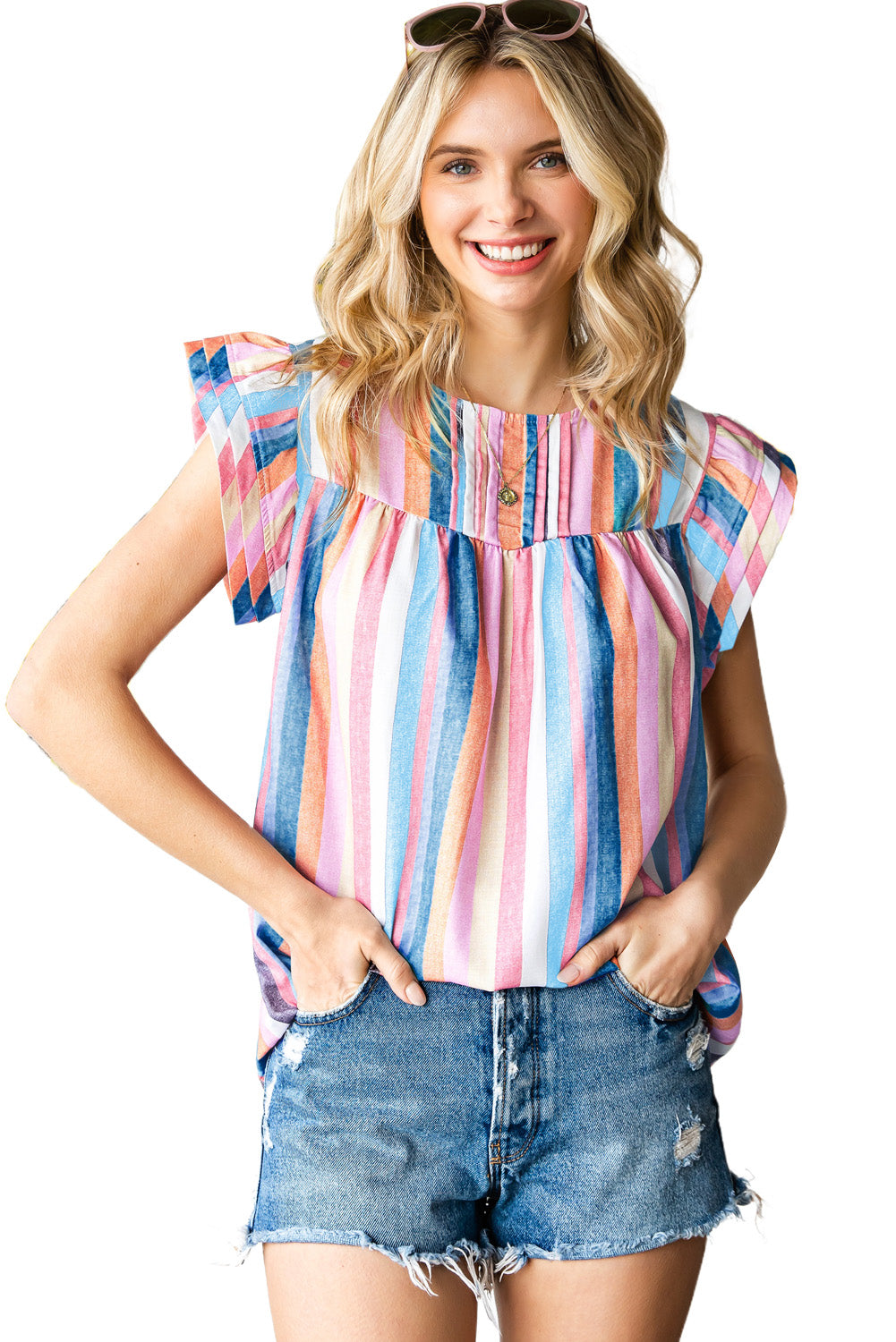 Multicolor Striped Back Button Keyhole Layered Sleeve Blouse