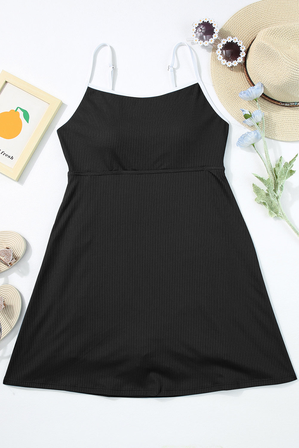 Black Sporty Ribbed Spaghetti Straps Swim Dress