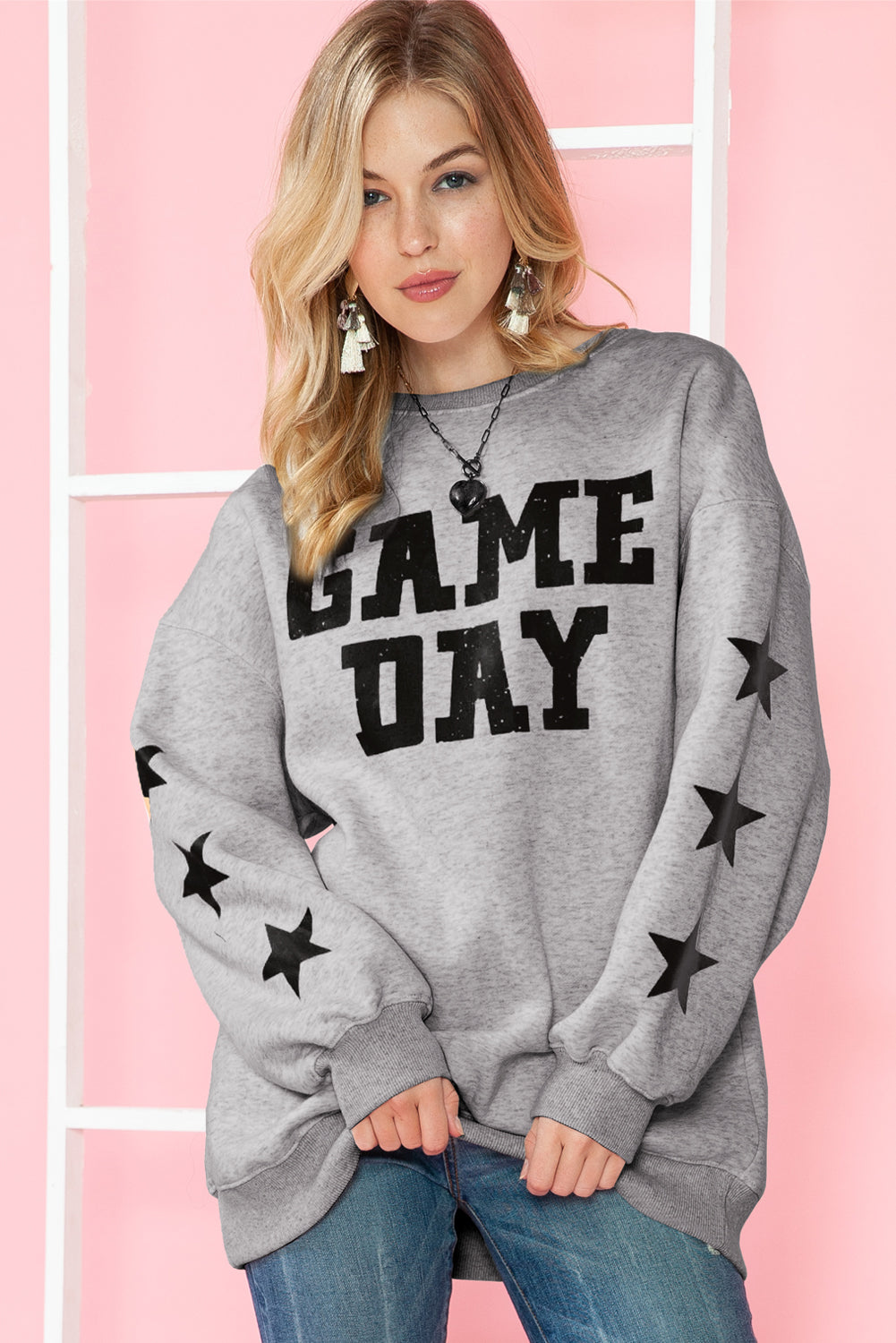 Orange Lettering Game Day Print Star Sleeve Sweatshirt