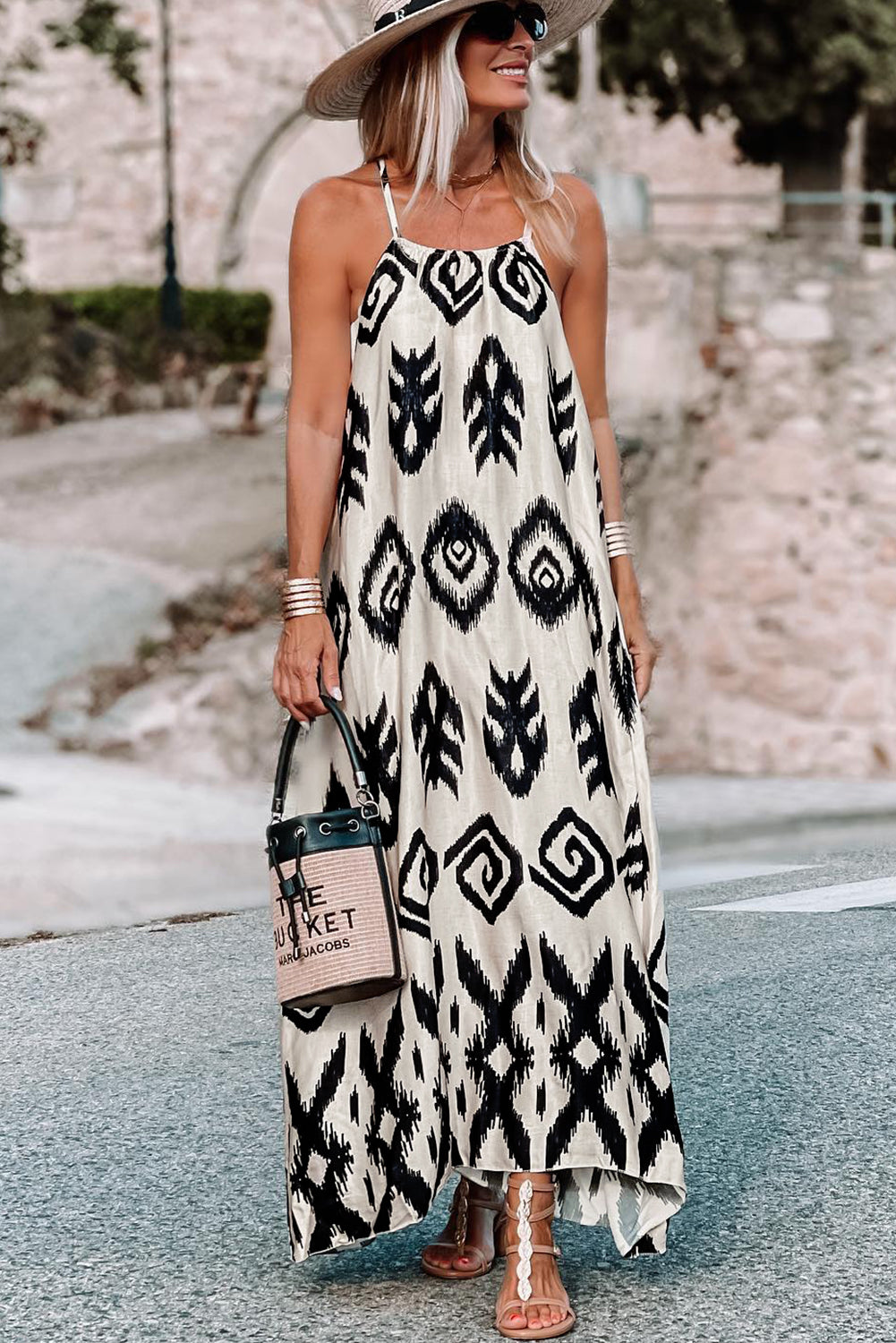 Black and White Geometric Printed Spaghetti Strap Sundress