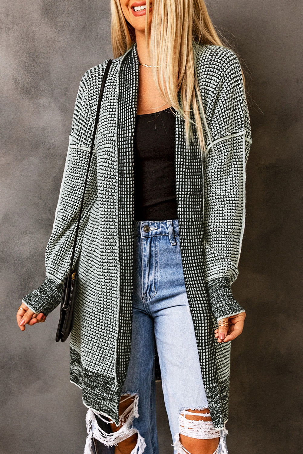 Plaid Contrast Trim Casual Knit Cardigan