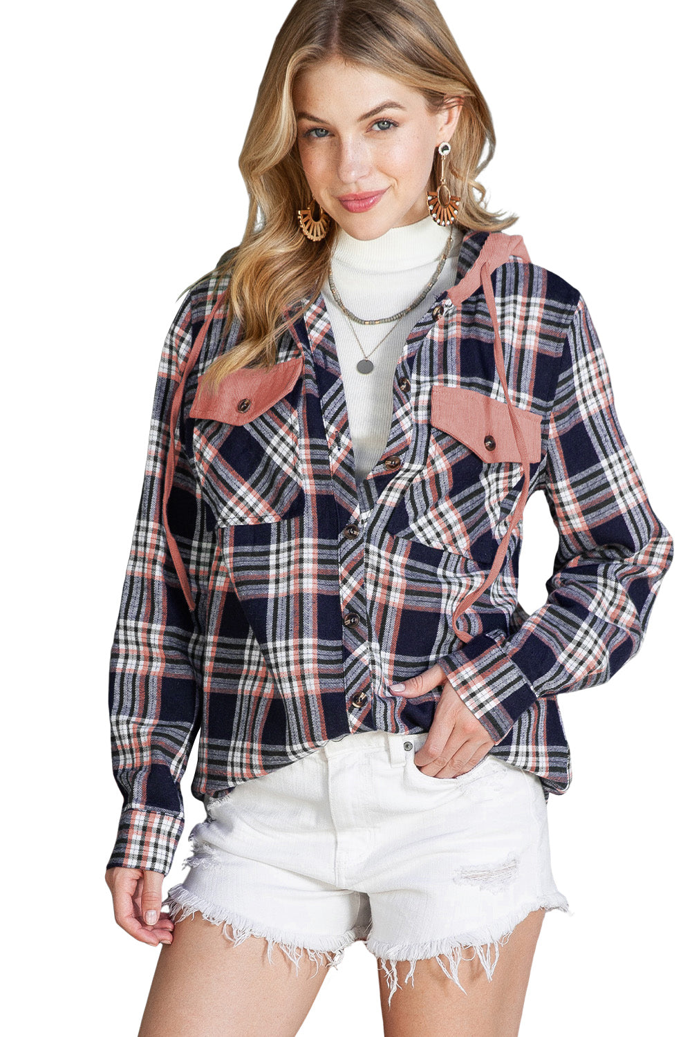 Pink Plaid Contrast Hooded Drawstring Shacket