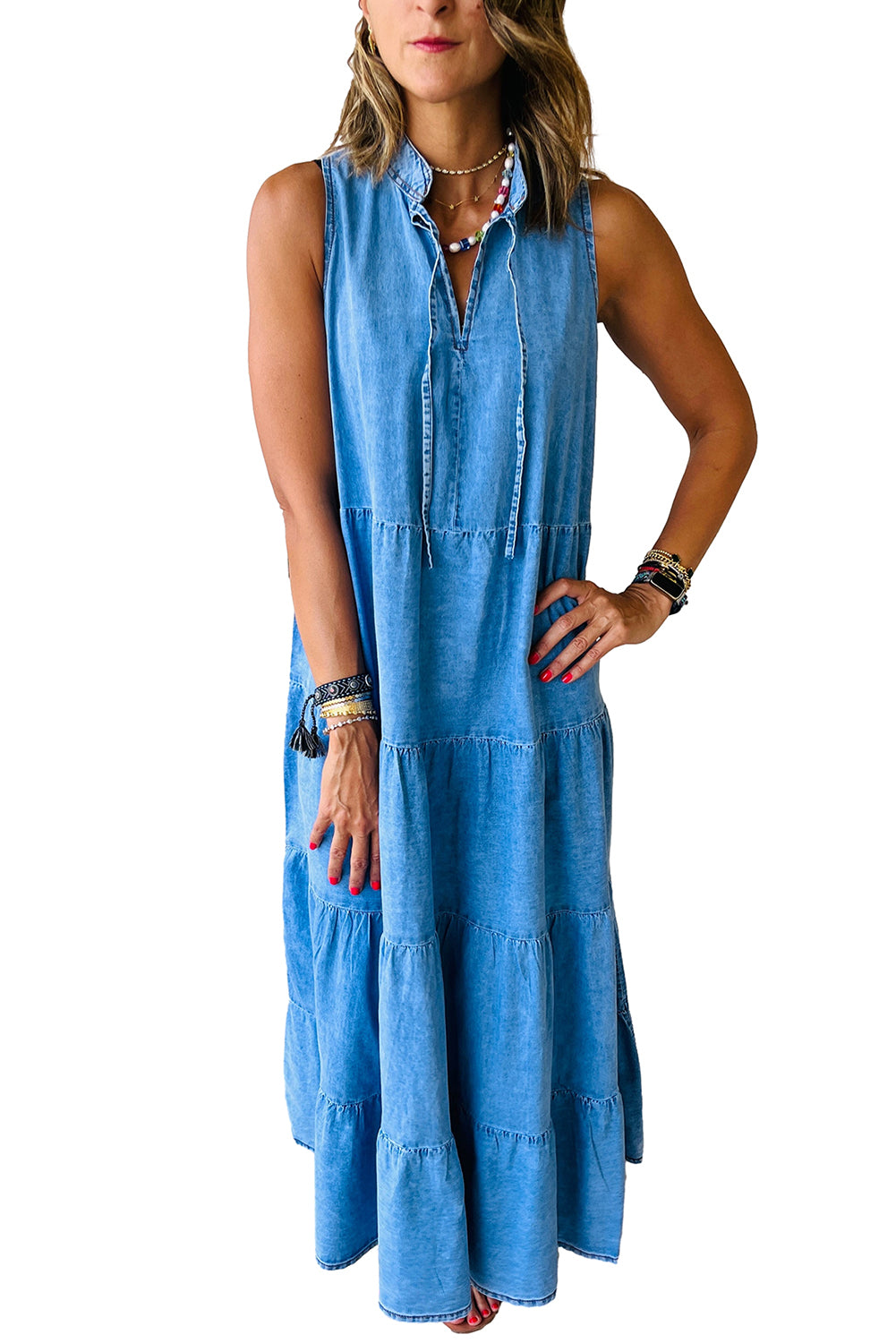 Denim Sleeveless Tiered Chambray Maxi Dress