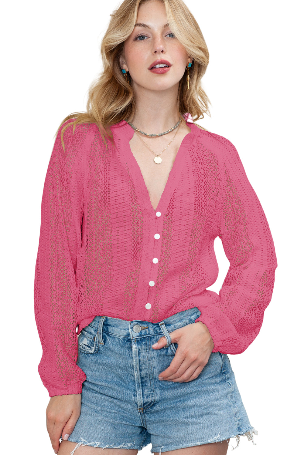 Rose Notch Neck Button Down Raglan Sleeve Lace Top