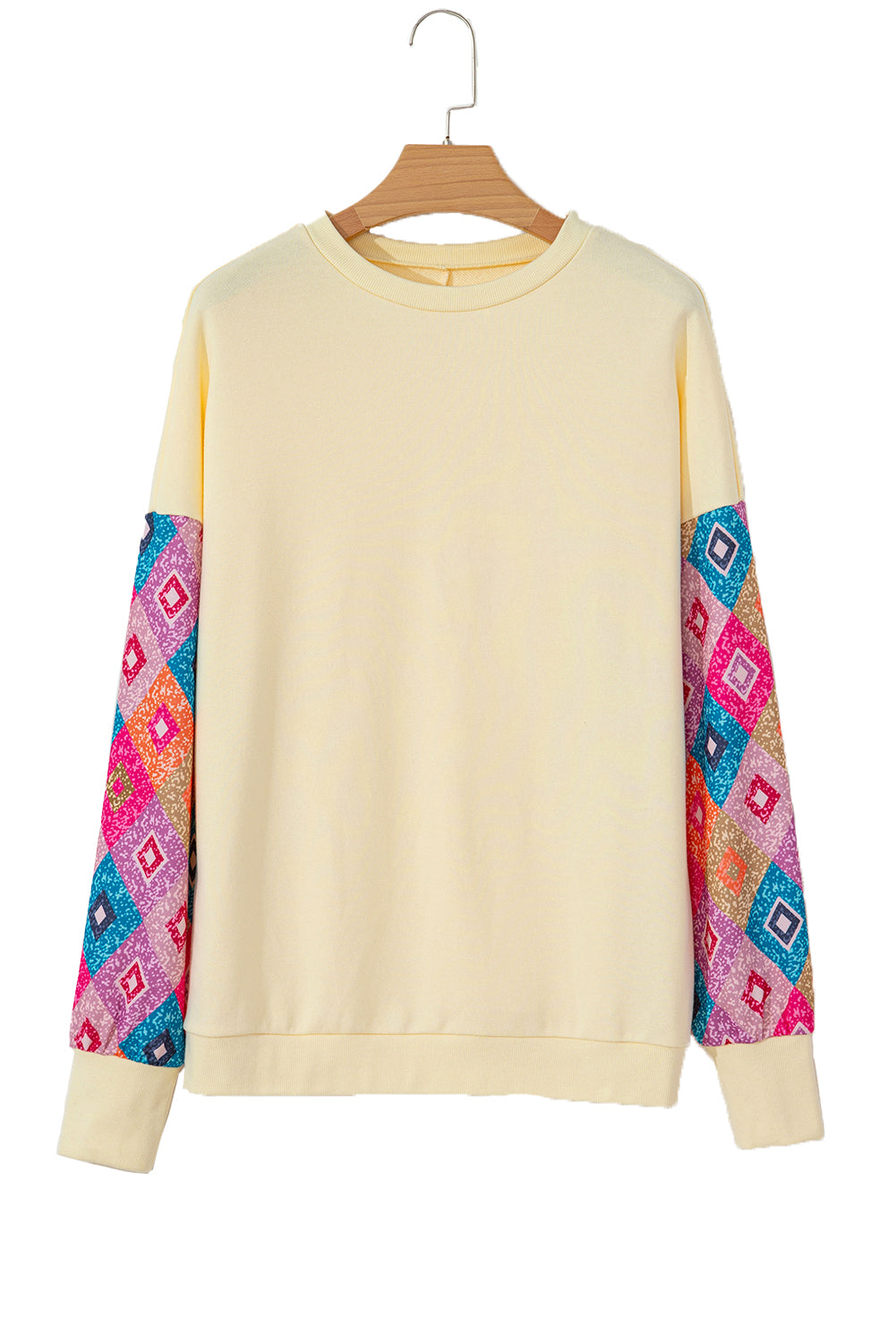 Apricot Ethnic Geometric Patchwork Long Sleeve Round Neck Top