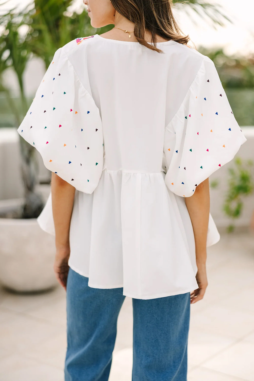 White Colorful Geometric Print V Neck Babydoll Blouse