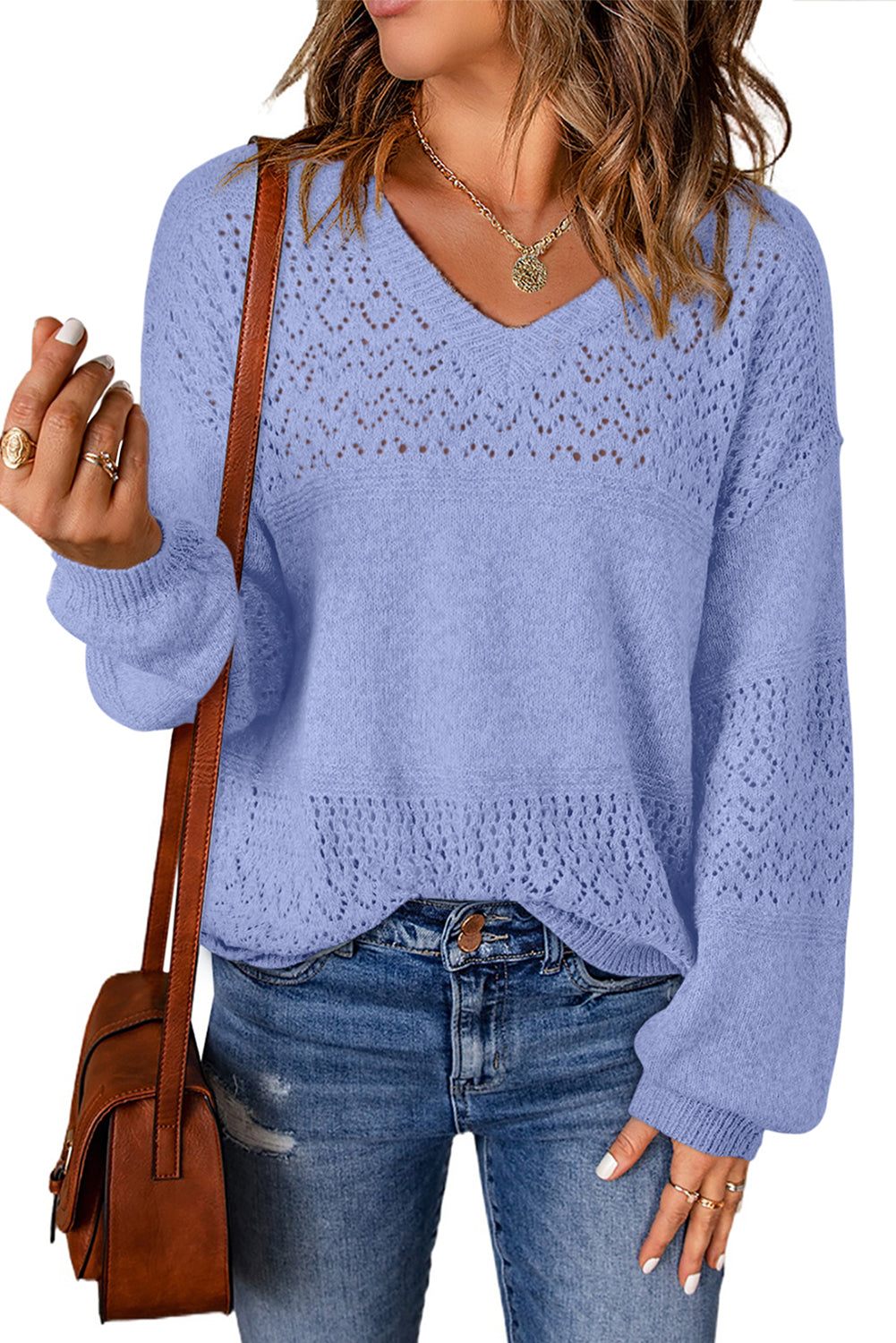 Sky Blue Hollow Long Sleeve V Neck sweater