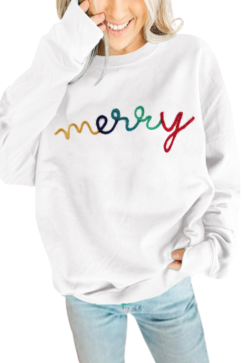 White Tinsel Merry Drop Sleeve Christmas Sweatshirt